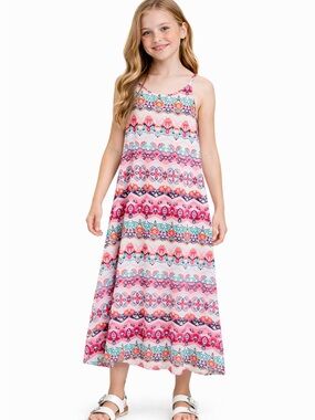 Crazy 8 Maxi Dress Girls Size L 10-12 Boho Floral Stripe Sleeveless Summer Dress